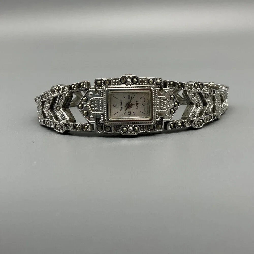 Vintage Oleg Cassini Womens Watch 18mm Marcasite Silver Tone New Battery 7.25